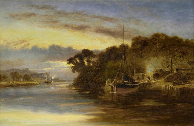 夕阳中的码头风景油画