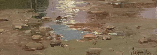落日下的小溪风景油画