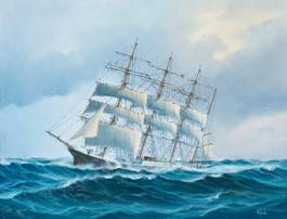 蓝色海上的白帆船风景油画_图品汇