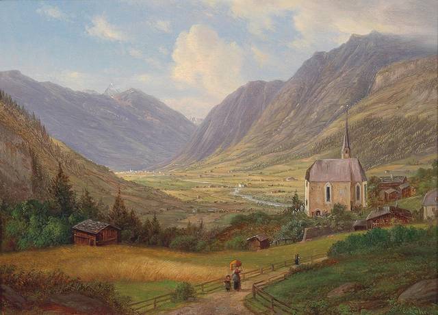 山下的村庄风景油画