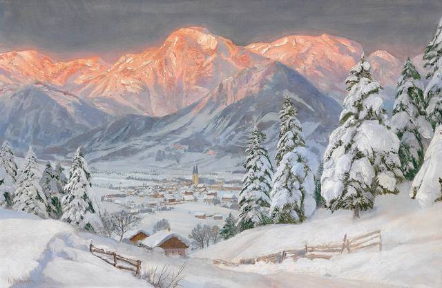 雪中的城市风景油画