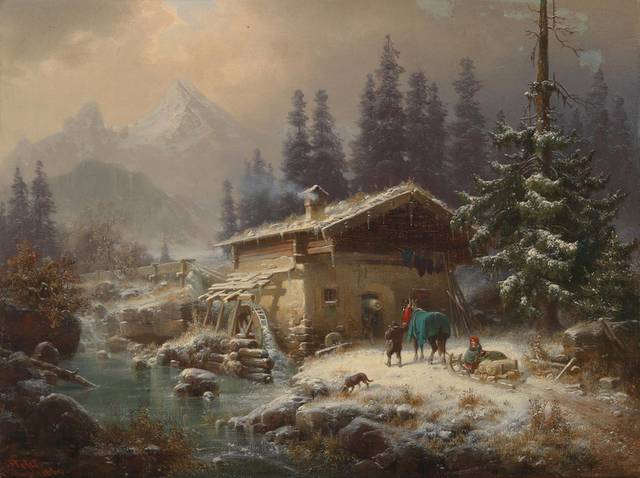 冬日村中风景油画