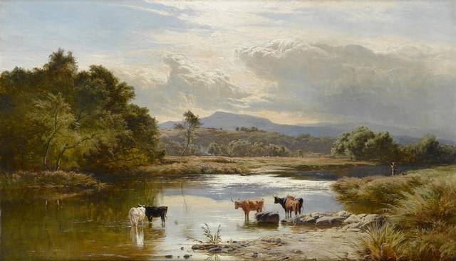 水中的牛群风景油画