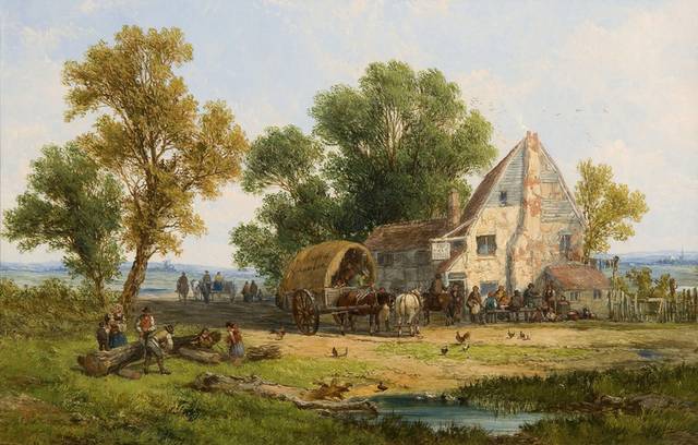 聚会的村民风景油画