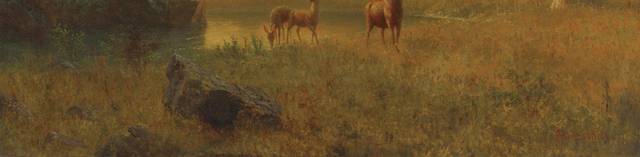 夕阳中的麋鹿风景油画