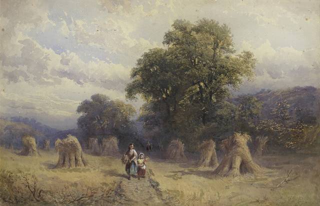 草垛中的村民风景油画