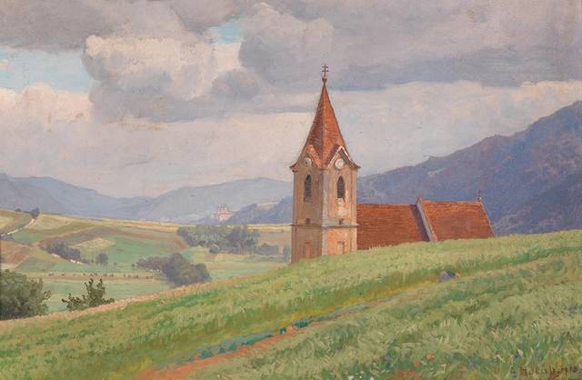 山坡上的教堂风景油画
