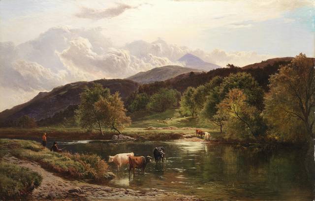 河边饮水的牛风景油画