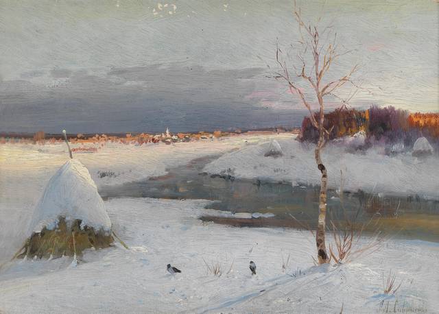 雪地中的鸟风景油画