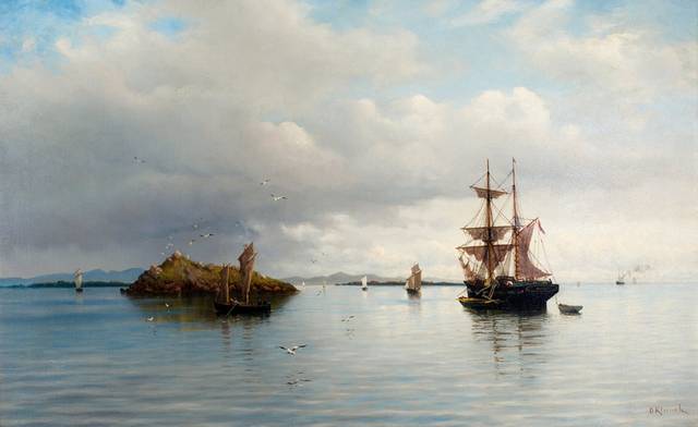 湖中的船风景油画