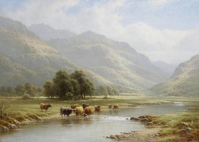 溪边喝水的牛风景油画