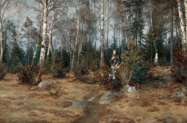 林中的女人风景油画