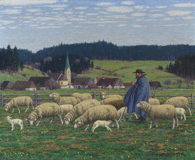 赶羊人风景油画