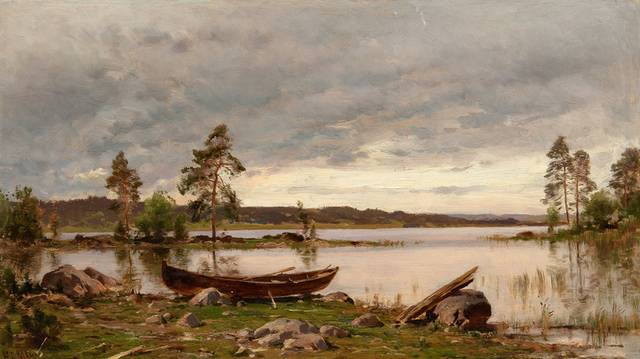 河岸上的孤舟风景油画