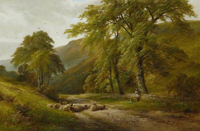 草地上休息的羊群风景油画