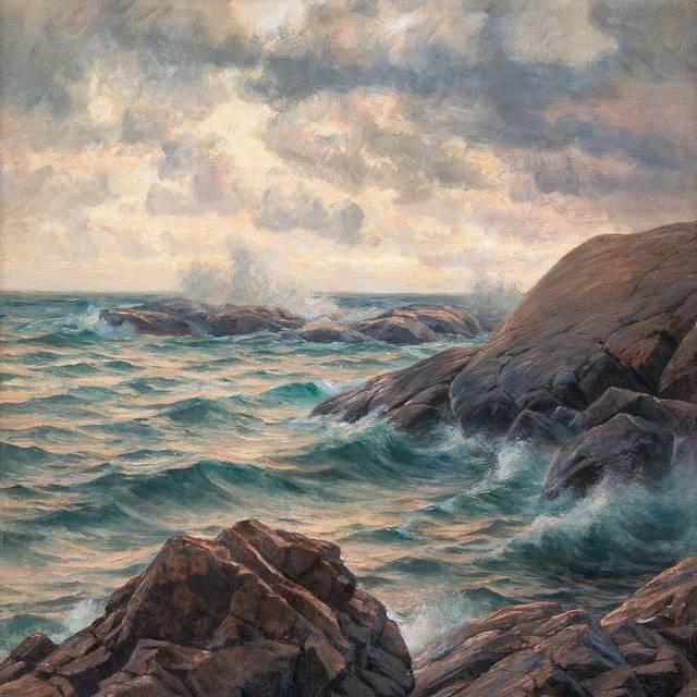 海浪拍打的岩石风景油画