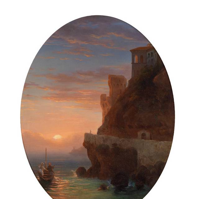 夕阳下的海边风景油画