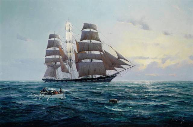 蓝色大海上的船风景油画