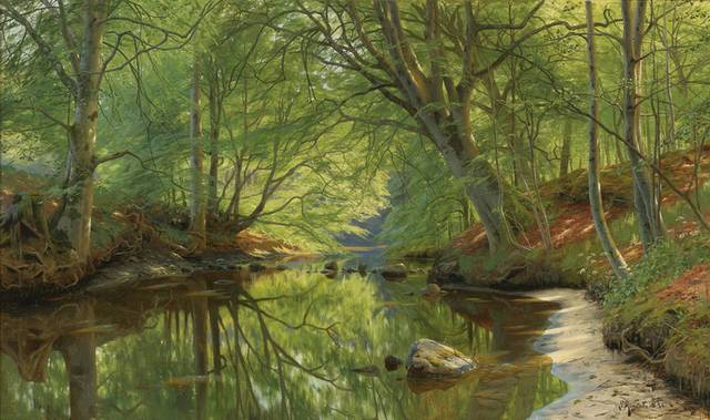 林中河流风景油画1
