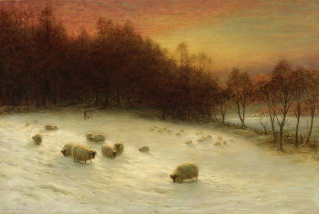 雪山上的羊群风景油画