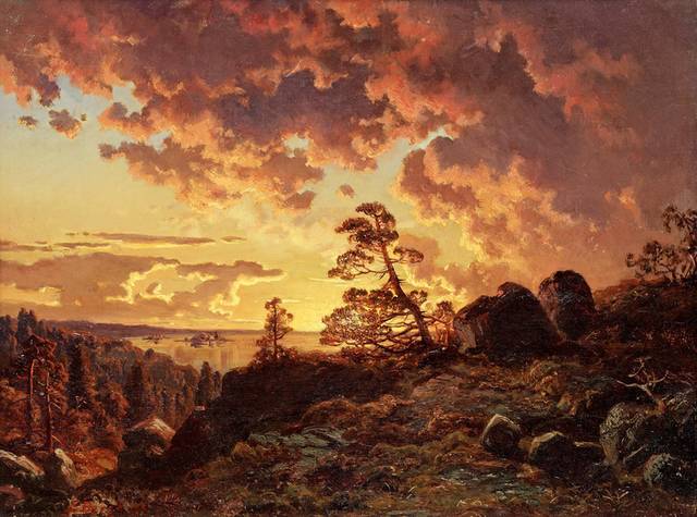 夕阳下的山上风景油画
