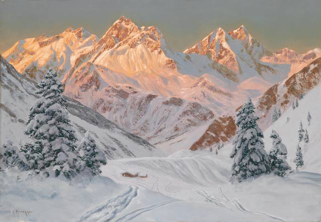 雪山中的小屋风景油画