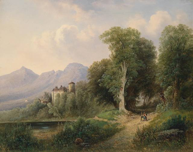 林中的城堡风景油画