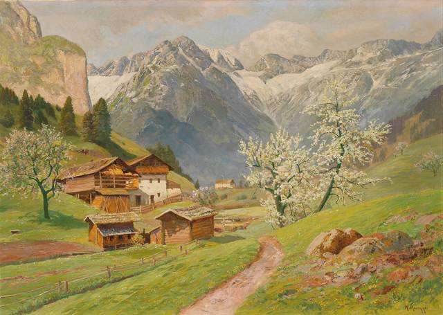美丽的山下村庄风景油画