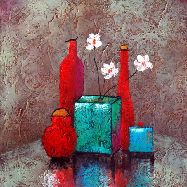 红色花瓶和小白花无框画