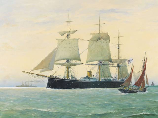 海中航行的轮船风景油画
