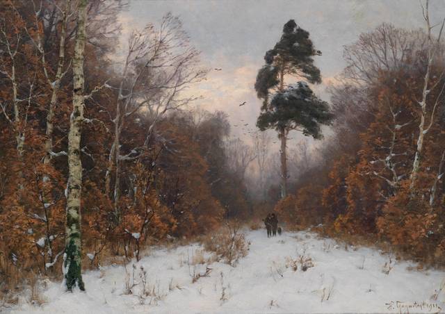 雪中行人风景油画