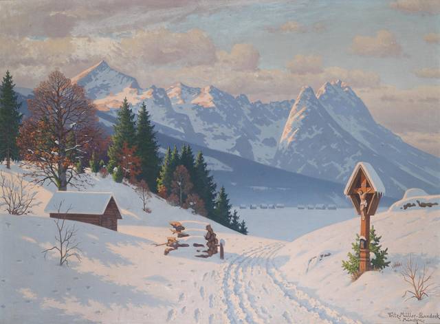雪中小屋风景油画