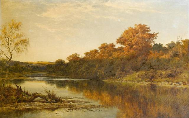 秋日河边风景油画