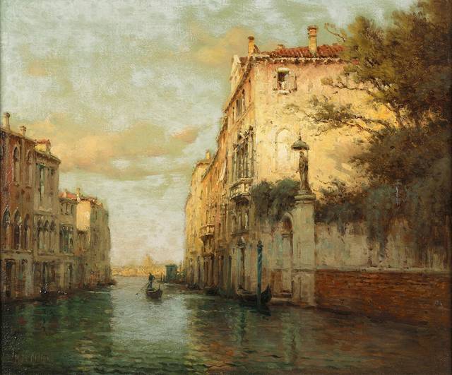 城中河上泛舟风景油画