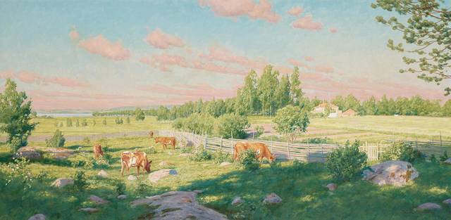 牧场里的牛风景油画