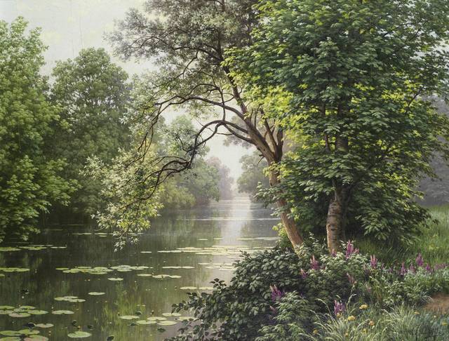 树下的河流风景油画