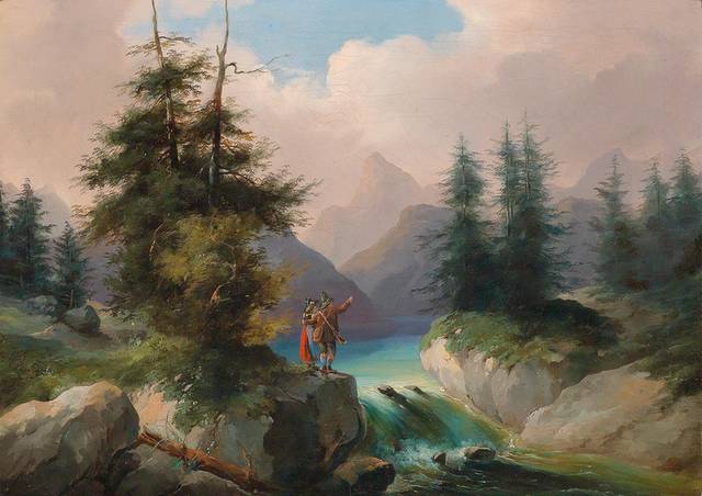 湖边石上的猎人风景油画