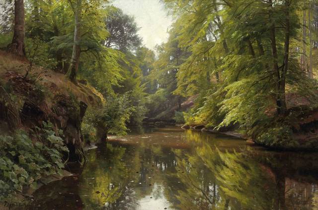 林中的小河风景油画