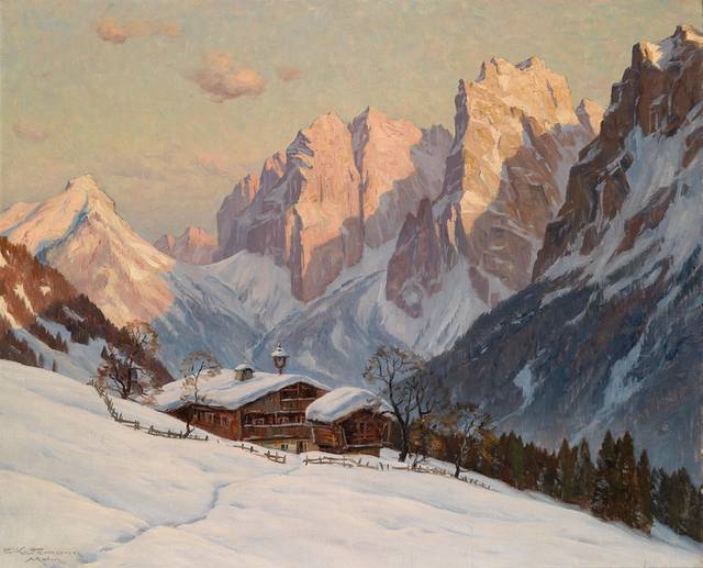 雪山中的木屋风景油画