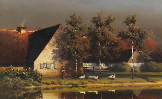 夕阳下的乡村屋外风景油画