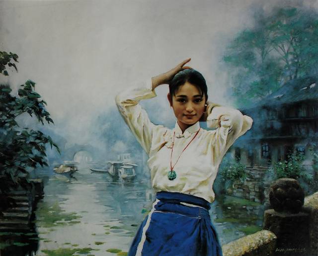 水乡美女油画