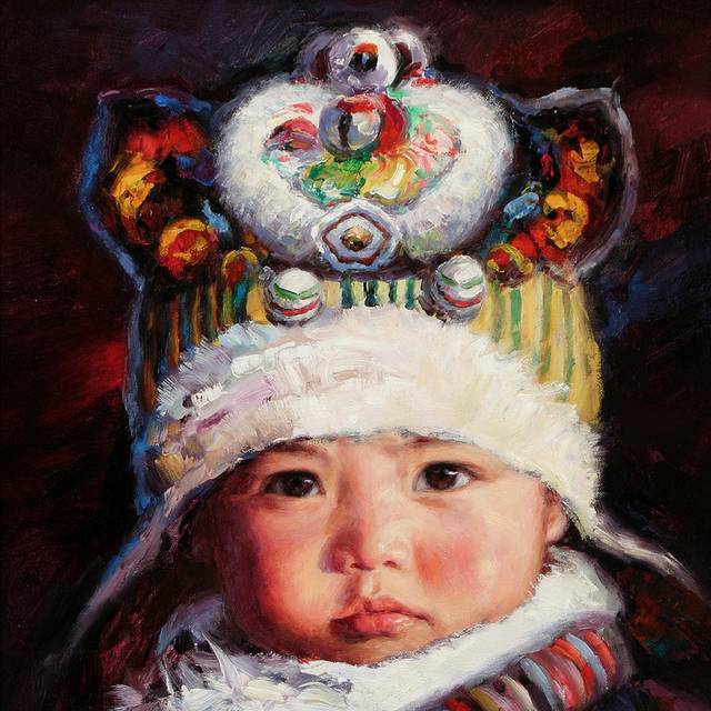 戴虎头帽的藏族小孩无框画