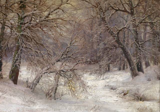 雪中的树风景油画