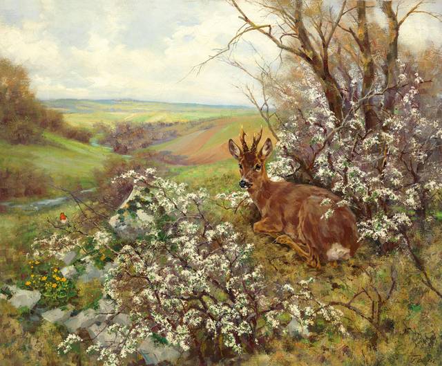 花丛中的鹿风景油画