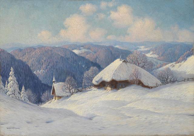 积雪中的小屋风景油画