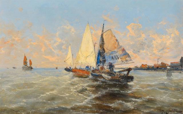 海中漂浮的渔船风景油画