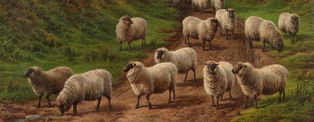 乡村路上的羊群风景油画