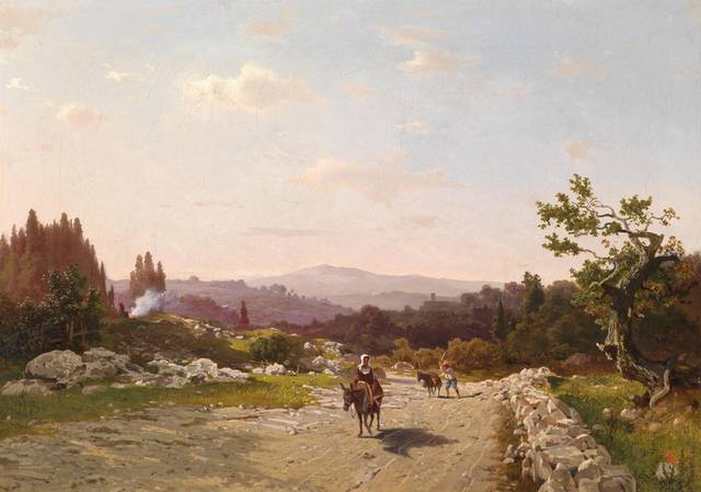 骑驴的妇女风景油画