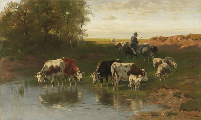 牛羊群风景油画