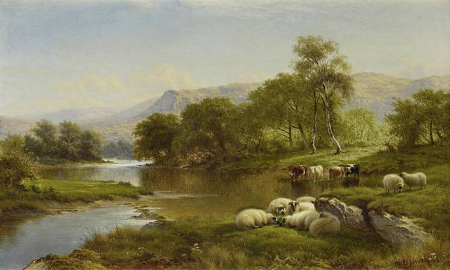 溪边的羊群风景油画